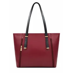 Trendy Dimensions Burgundy Tote Bag with Black Handles, Side Zip Pockets and Back Zip Pocket, Gold-Tone Hardware