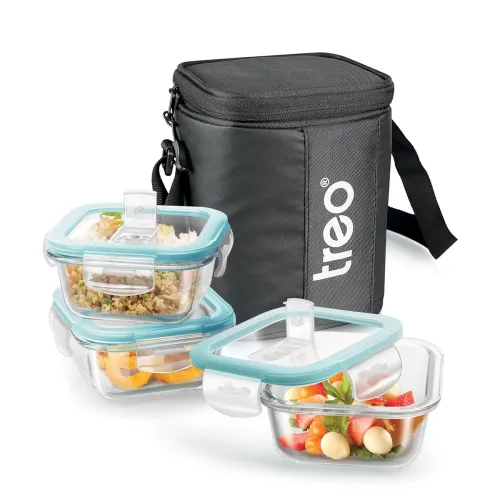Image of Treo by Milton All Weather Borosilicate Glass Square Set of 3, 320 ml Each, Tiffin, Water Proof Carry Jacket, Microwave 
