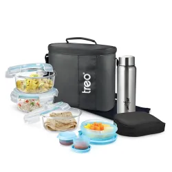 Treo by Milton All Weather Borosilicate Glass Round Tiffin Set of 8,Water Proof Carry Jacket & Steel Bottle,Microwave-Ov