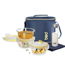 Treo By Milton All Fresh Borosilicate Glass Round Tiffin Set of 5,Durable Carry Jacket & Glass Bottle,Microwave-Oven Safe,Leak Proof, Air Vent Lid,Scratch Resistant,Ideal for Office,School,T...