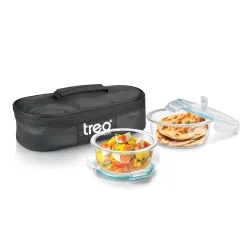 Treo By Milton All Weather Borosilicate Glass Round Set of 2,400 ml Each,Tiffin,Horizontal Carry Jacket,Microwave & Oven Safe,Leak Proof,Air Vent Lid,Scratch Resistant,Ideal for Office,Schoo...
