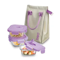 Treo by Milton Lumino Fresh Square Borosilicate Glass Lunch Box Set of 3, Purple Lid, 320 ml Each with Lunch Bag, Microwave & Dishwasher Safe, Leak Proof Containers Office Tiffin