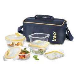 Treo by Milton All Fresh Omni Borosilicate Glass Tiffin | Microwave & Oven Safe | Air Vent Leak-Proof Lid with Durable Jacket | for Office & Travel | Set of 4: 2×400ml Round & 2×320ml Square...