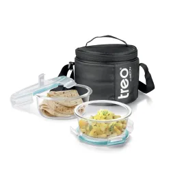 Treo by Milton All Weather Borosilicate Glass Round Set of 2,400 ml Each,Tiffin,Water Proof Carry Jacket,Microwave & Ove