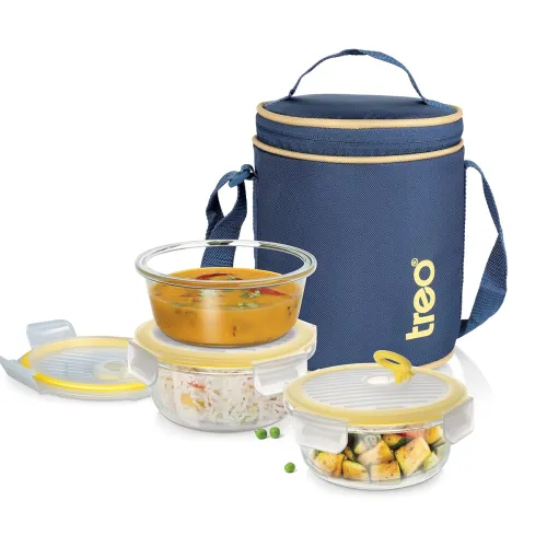 Image of Treo By Milton All Fresh Borosilicate Glass Round Tiffin set of 3, 400 ml each, Durable Carry Jacket, Microwave-Oven Saf