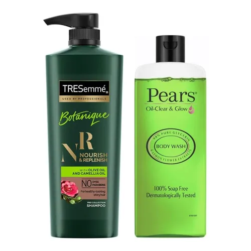 Image of TRESemme Botanique Nourish and Replenish Shampoo, 580ml & Pears Oil Clear and Glow Shower Gel, 250ml