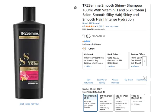 Image of TRESemme Smooth Shine+ Shampoo 180ml