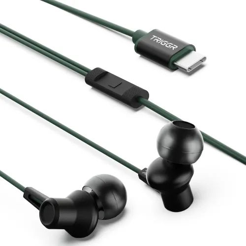 Image of TRIGGR Zing Type-C Wired Earphones with 13mm Driver, in-line Controls, Rich Bass, Mic Wired (Combat Green, in The Ear)