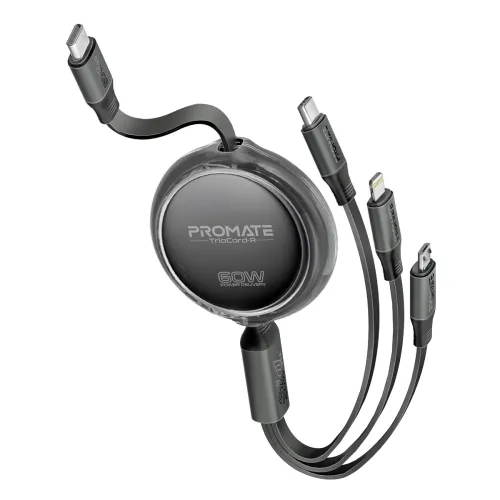 Image of Promate TrioCord-R, 3-In-1 Multi-Connector Retractable Cord With USB-C, Lightning, and Micro-USB Heads