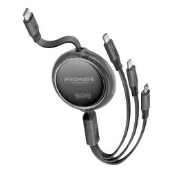 Promate TrioCord-R, 3-In-1 Multi-Connector Retractable Cord With USB-C, Lightning, and Micro-USB Heads