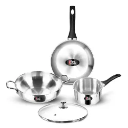 Milton Pro Cook 3-Layer Thick Triply Bottom I Induction Cookware & Gas Stove Friendly Stainless Steel 4 Pc Kitchen Set | Kadhai with Lid | Cooking Pan | Sauce Pan | 2Y Warranty