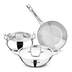 Tripro Triply Cookware Set 5 Pcs - 18cm (2.3L) Belly Shape Casserole/Biryani Handi with Lid, Kadai 22cm/2.3L and Frypan 22cm/1 L with a Common Lid, Healthy Cooking - Induction and Gas Stove....