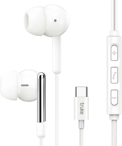 Image of truke Bass H1 Wired Earphones w / Type-C Jack, Rich Bass, 13mm Drivers, Smart Controls Wired Headset (White, In the Ear)