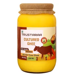 Trustaraa Cow Ghee Cultured Ghee A2 Gir Cow Ghee | Traditional Bilona Method A2 Cow Ghee | Grassfed, Pure and Healthy Desi Cow Ghee (Glass Bottle) (250 ML)