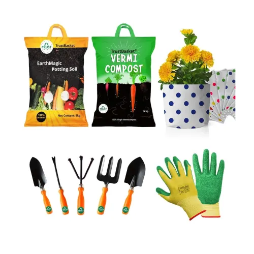 Image of TrustBasket All-in-one Garden Starter Kit (Vermicompost, Gloves, Gardening Tools, Potting Soil Mix, Grow Bags)