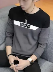 Try This Men Colorblock Round Neck Cotton Blend Black, Grey T-Shirt