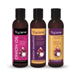 Trycone Onion Oil, Shampoo & Conditioner Combo Pack | Nourishing Care | Repair, Strengthen & Reduce Split Ends | Frizz-Free, Voluminous Look | 3-in-1 Care Solution (Pack of 3)