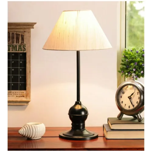 Image of tu casa Off White Cotton Shade with Black Metal-Iron Base Table Lamp | Elegant Bedside & Desk Lamp for Bedroom, Living R