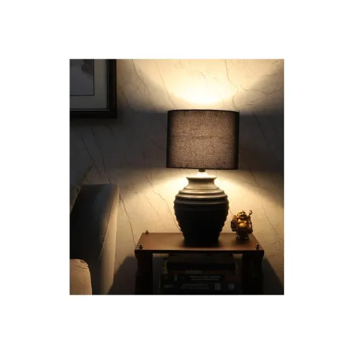 Image of tu casa Decorative Wooden Table Lamp with Off-Black Cotton Shade | Bedside Night Lamp for Home, Study & Dining