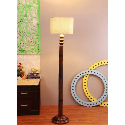 Image of Tu Casa Floor Lamp with Cotton Shade & Wooden Base 57