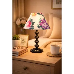 tu casa Halo Glow Black Metal Base Carnation Print with Satin Shade Table Lamp for Home Decoration Bedroom Living Room L