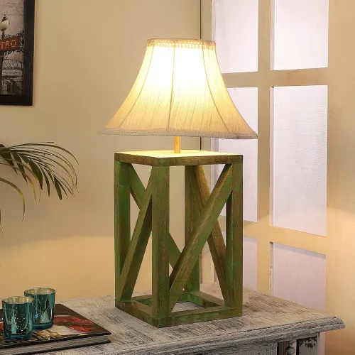Image of tu casa Handcrafted Mango Wood Table Lamp with Brown Cotton Fabric Shade