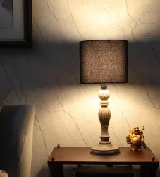 tu casa Mango Wood Table Lamp with Black Cotton Shade | Satin Cobra Saffron Print | Wooden Bedside Night Lamp for Bedroo