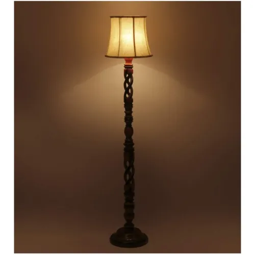 Image of tu casa Off White Cotton Shade with Brown Mango Wood Base Floor Lamp