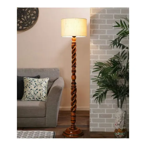 Image of tu casa Off White Cotton Shade with Brown Mango Wood Base Floor Lamp | Elegant Standing Lamp for Living Room, Bedroom, O