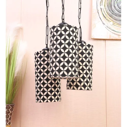 Image of tu casa Pendant/Hanging Light Lamps Black Metal Base with Black/White Cotton