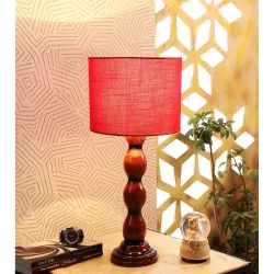 tu casa Red Cotton Shade with Brown Mango Wood Base Table Lamp | Elegant Bedside & Desk Lamp for Bedroom, Living Room, O