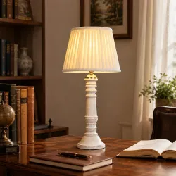 tu casa Rustic White Mangowood Table Lamp for Home Decoration, Bedroom, Living Room, Lounge, Office, Festival Gifting, Study Table (Off White with Satin Shade) H - 20" / No Blub