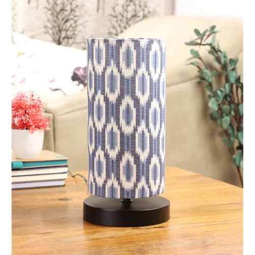 Image of tu casa Table Lamps Black Metal Base with Blue/White Cotton (Ikat Print) Shades for Home Décor, Bedrooms, Living Room, G