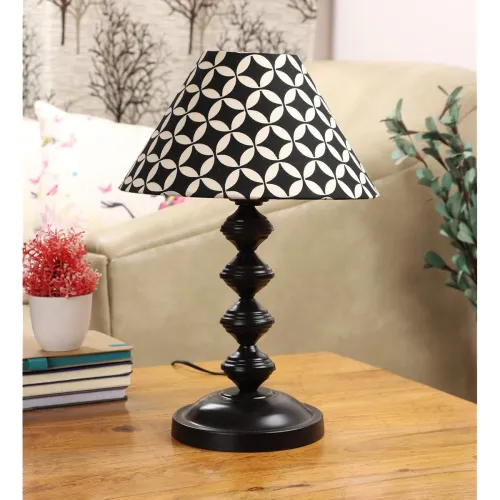 Image of tu casa Table Lamps Black Metal Base with Black/White Cotton (Geometric Print) Shades for Home Décor, Bedrooms, Living R