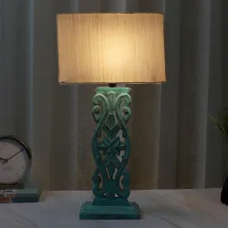 tu casa Wooden Rustic Aqua French Cut Bedside Table Lamp with Off White Cotton Shade for Home Decoration Bedroom Living Room Lounge Office Festival Gifting Study Table H - 21\' / No Blub