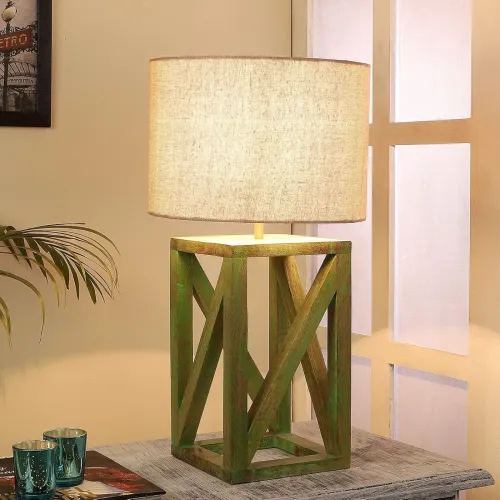 Image of Tu Casa Handcrafted Mango Wood Table Lamp with Pleated Fabric Shade