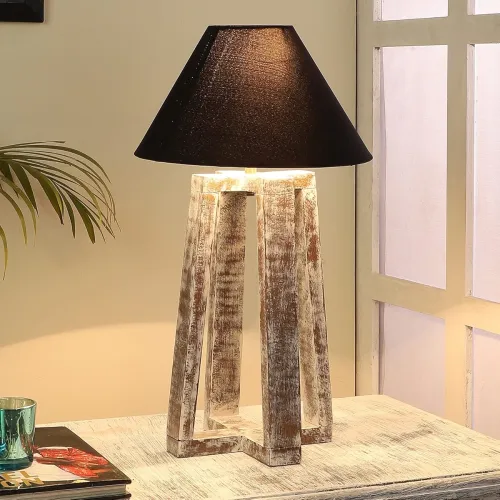 Image of tu casa Table Lamps with Mango Wood Base & Black Cotton Shades for Home Décor, Bedrooms, Living Room, Gifting, Diwali De
