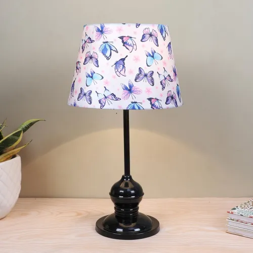 Image of Tu Casa Sleek Black Metal Table Lamp Butterfly Print