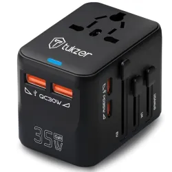 Tukzer 35WGan 5in1 Universal Worldwide Travel Adapter Fast Charging with 2X PD Type-C & 2X QC 3.0 USB-A Ports All in One