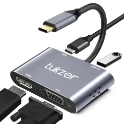 Tukzer 4-in-1 Type-C Hub to HDMI 4K@30Hz, VGA 1080P@60Hz, USB 3.0 Data, 100W PD, MultiPort Adapter Compatible with MacBo