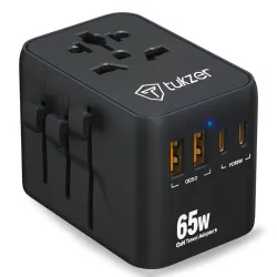 Tukzer 65W Universal Travel Adapter, GaN Fast Charging Adapter with 2 Type C & 1 USB Ports, Universal Plug Socket, All i