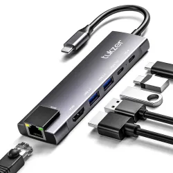 Tukzer 6-in-1 Type-C Hub to HDMI 4K@30Hz, 2 USB 3.0 Data, USB-C 3.0 Data, 100W PD with 1000M Ethernet RJ45, MultiPort Ad