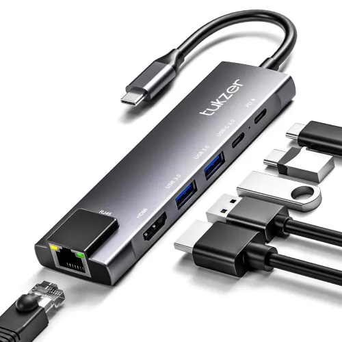 Image of Tukzer 6-in-1 Type-C Hub to HDMI 4K@30Hz, 2 USB 3.0 Data, USB-C 3.0 Data, 100W PD with 1000M Ethernet RJ45, MultiPort Ad