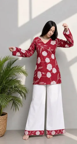 Image of TWISTTREND Women Cotton Blend Kurti Palazzo Set