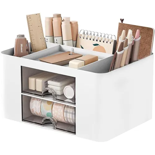 Image of UCRAVO Desk Organizer with 5 Compartments & 2 Drawers – White