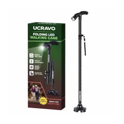 UCRAVO Freedom Edition Foldable Walking Cane with LED Light, Adjustable Height