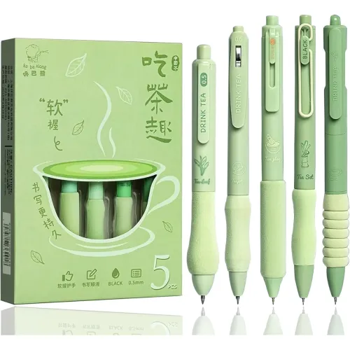 Image of UCRAVO Green Tea 5 Pcs Gel Retractable Quick Dry Blue Ink 0.5mm Fine Point Aesthetic Stuff Ink Comfort Grip Smooth Writi