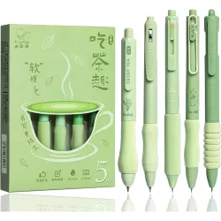 UCRAVO Green Tea 5 Pcs Gel Retractable Quick Dry Blue Ink 0.5mm Fine Point Aesthetic Stuff Ink Comfort Grip Smooth Writi
