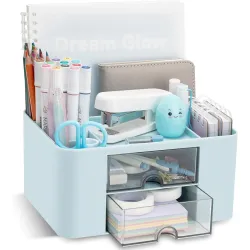 UCRAVO Stackable Desk Organizer with Drawers & Pen Holder – Blue