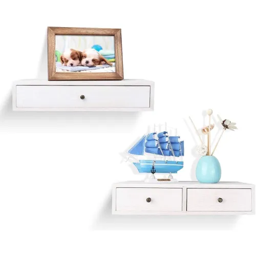 Image of UHUD CRAFTS Floating Shelves with Drawer Wood Wall Shelves/Cabinets for Storage